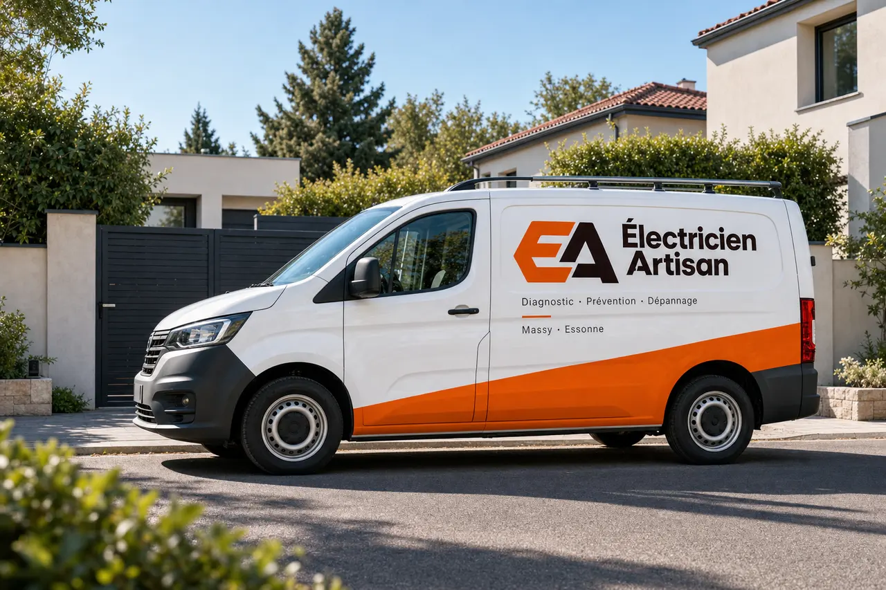 Camionnette Électricien Artisan garée devant une maison à Massy (Essonne)